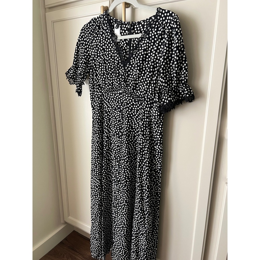 Talbots Polka Dot Lace Trim Midi Dress Black White V-Neck Short Sleeve NWT Sz 2 - Picture 7 of 15